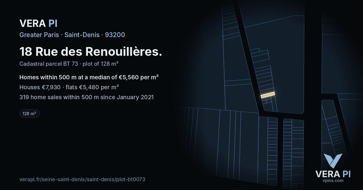 18 Rue des Renouillères, Saint-Denis at night – the plot lit, the parcels around coloured by the prices near them