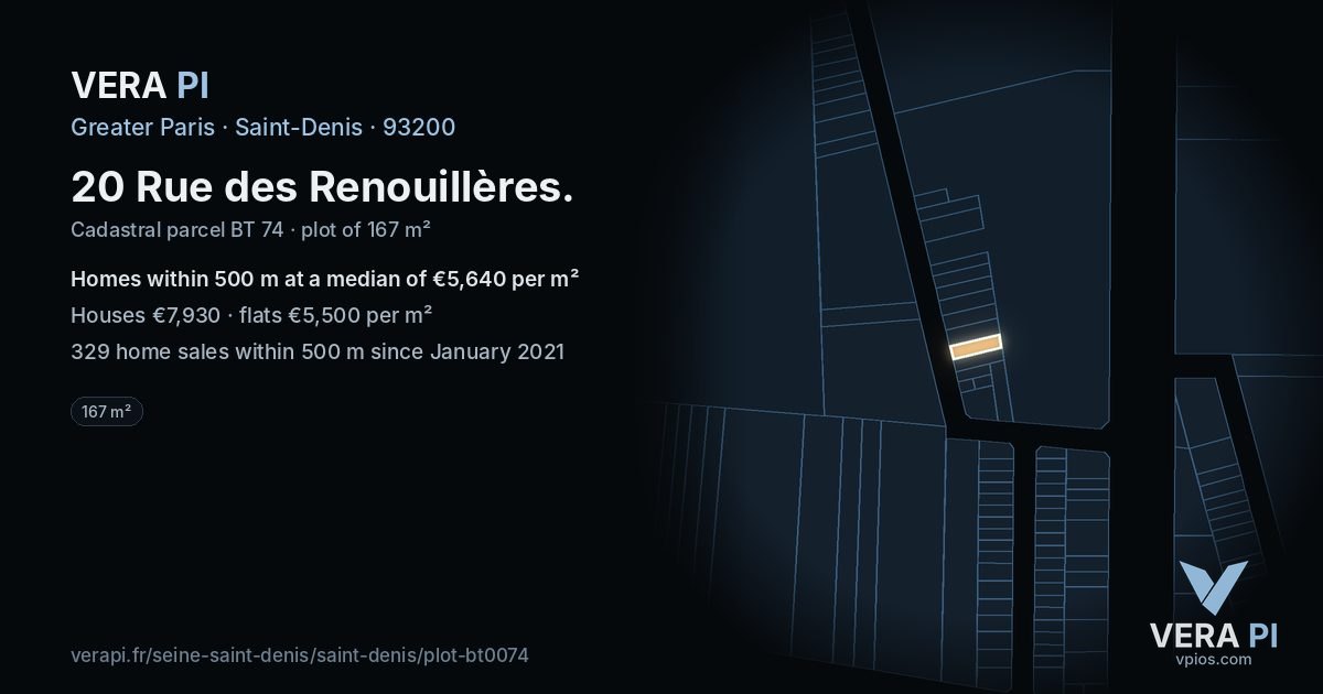 20 Rue des Renouillères, Saint-Denis at night – the plot lit, the parcels around coloured by the prices near them
