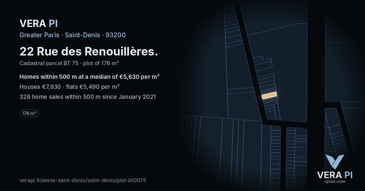 22 Rue des Renouillères, Saint-Denis at night – the plot lit, the parcels around coloured by the prices near them