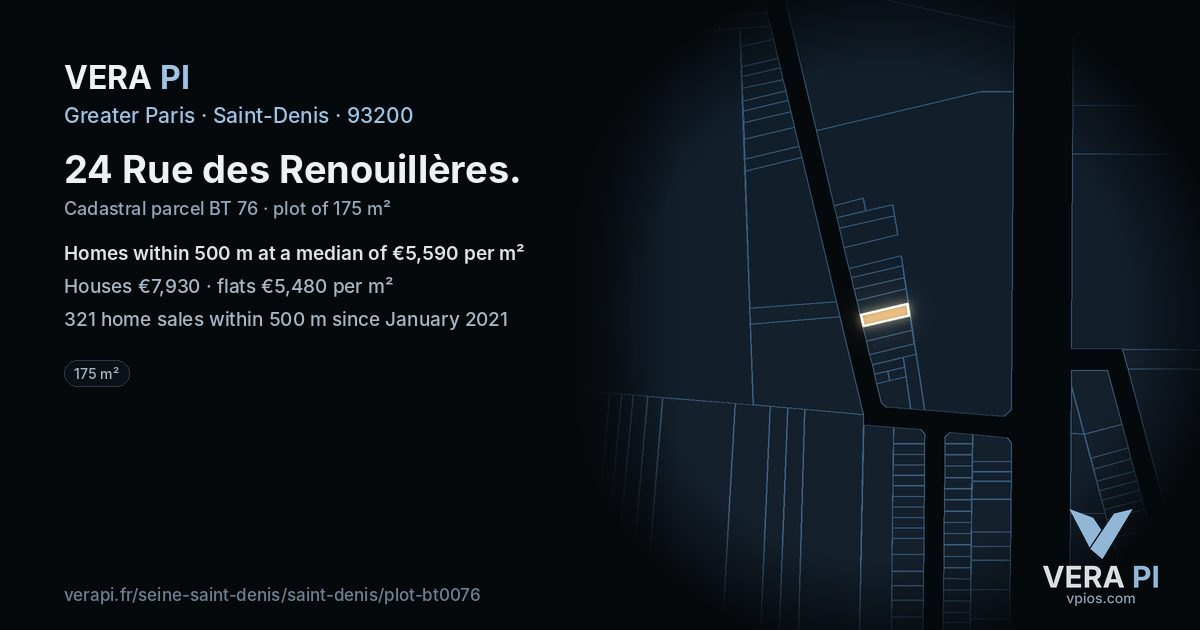 24 Rue des Renouillères, Saint-Denis at night – the plot lit, the parcels around coloured by the prices near them