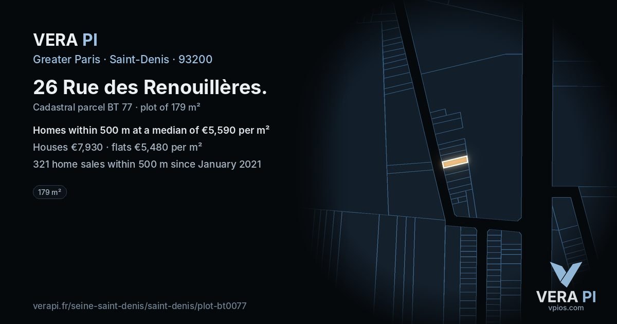 26 Rue des Renouillères, Saint-Denis at night – the plot lit, the parcels around coloured by the prices near them