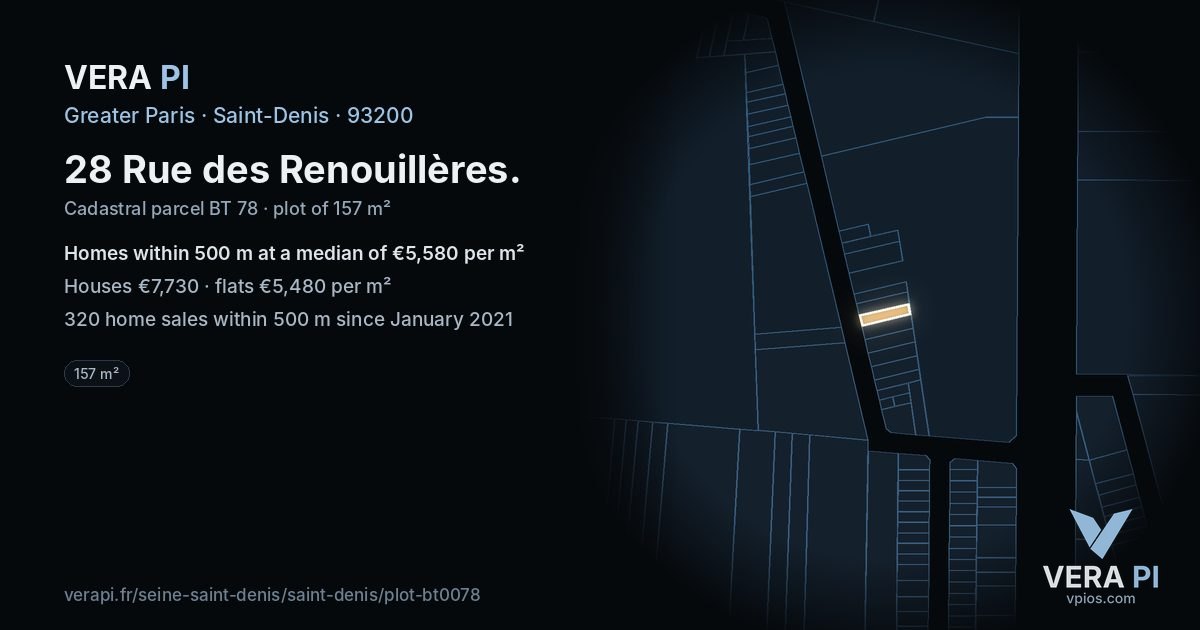 28 Rue des Renouillères, Saint-Denis at night – the plot lit, the parcels around coloured by the prices near them