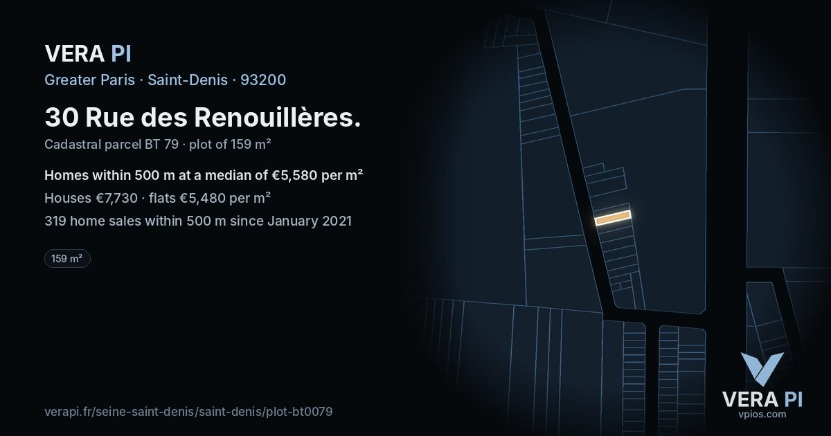 30 Rue des Renouillères, Saint-Denis at night – the plot lit, the parcels around coloured by the prices near them