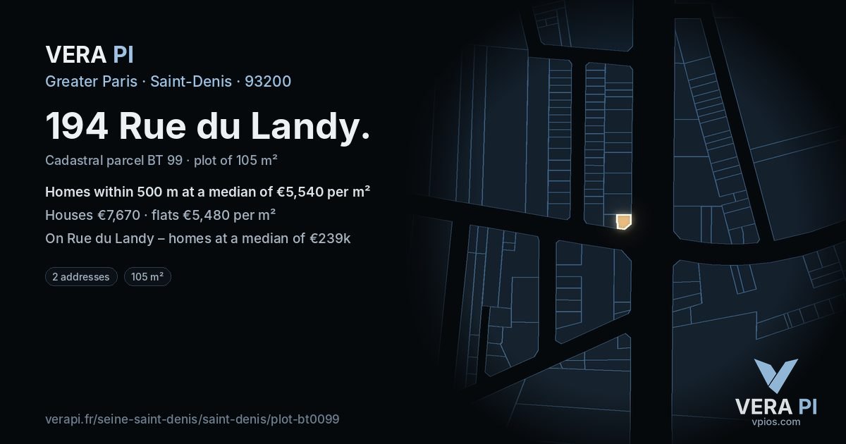 194 Rue du Landy, Saint-Denis at night – the plot lit, the parcels around coloured by the prices near them