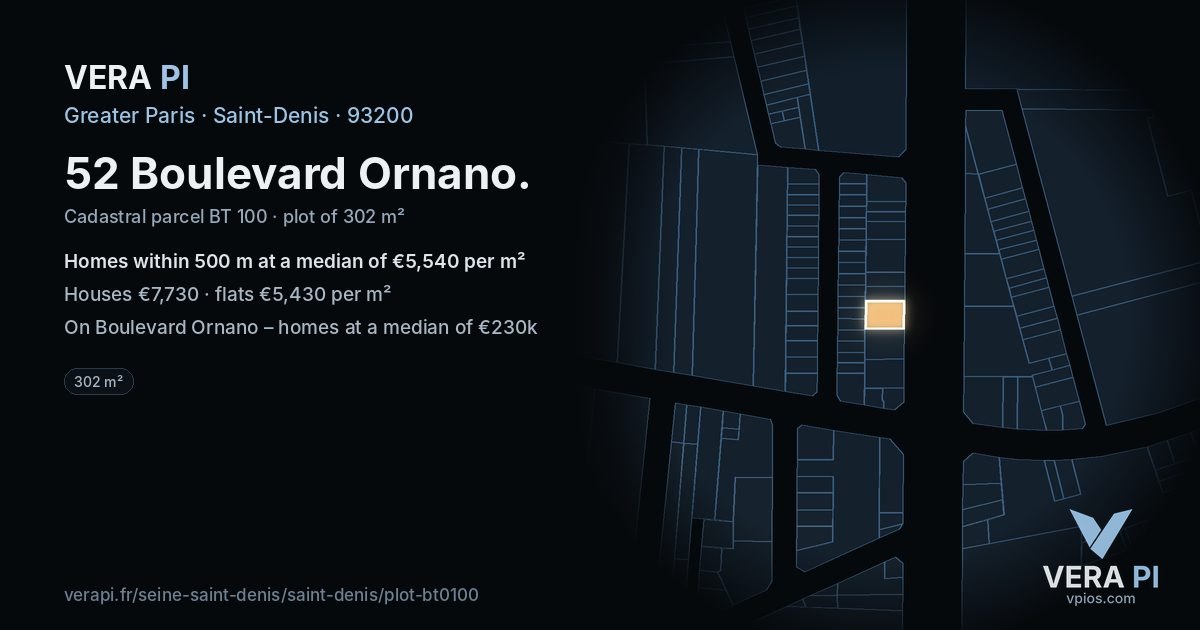 52 Boulevard Ornano, Saint-Denis at night – the plot lit, the parcels around coloured by the prices near them