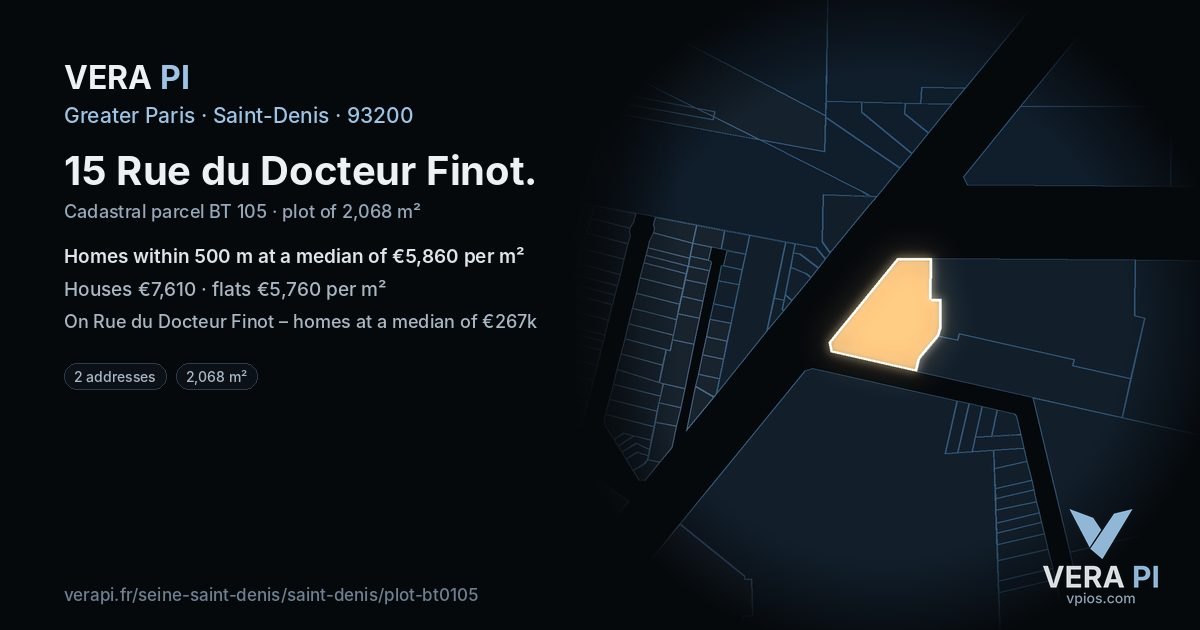15 Rue du Docteur Finot, Saint-Denis at night – the plot lit, the parcels around coloured by the prices near them