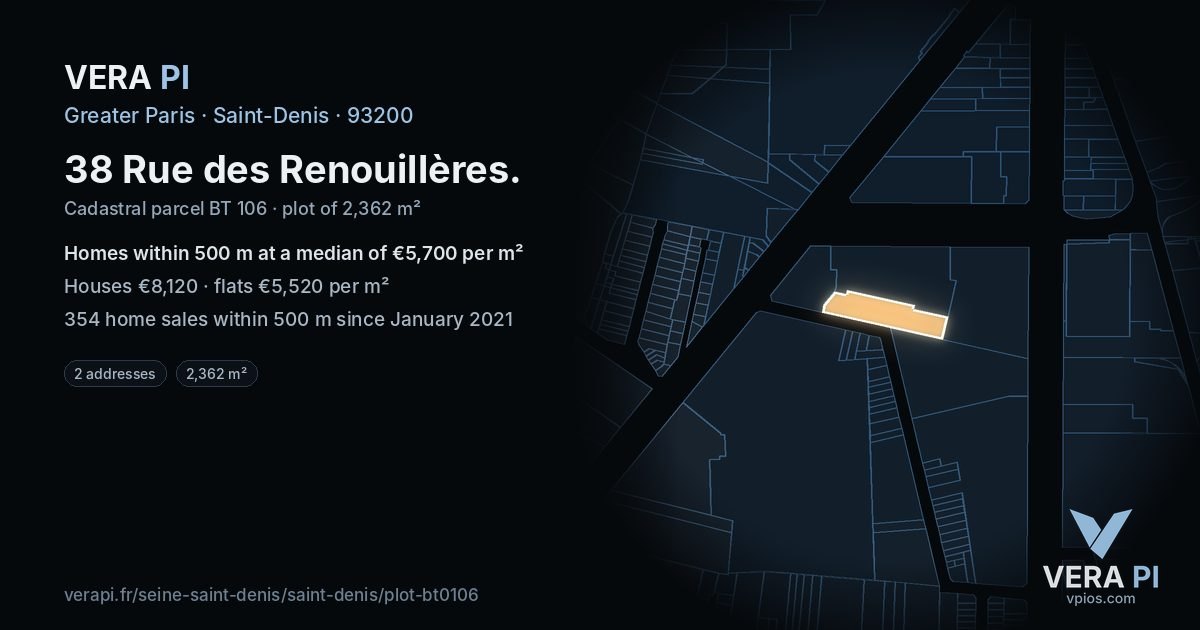 38 Rue des Renouillères, Saint-Denis at night – the plot lit, the parcels around coloured by the prices near them