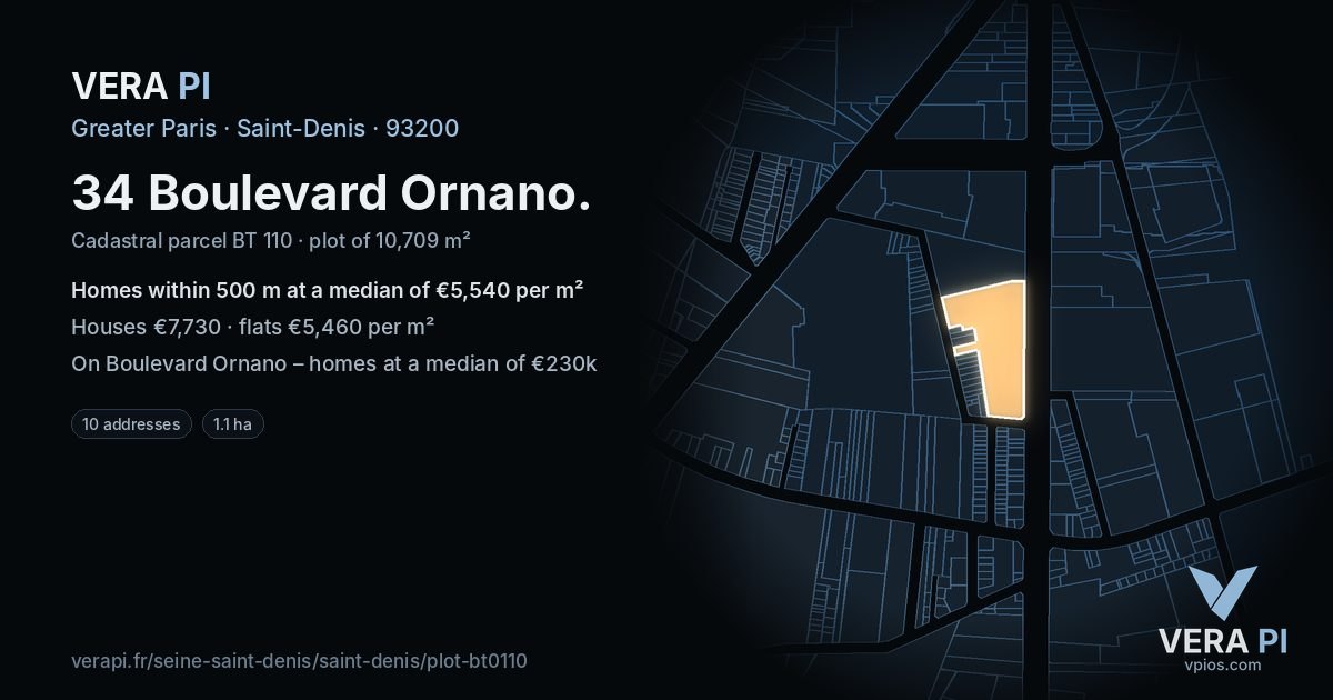 34 Boulevard Ornano, Saint-Denis at night – the plot lit, the parcels around coloured by the prices near them