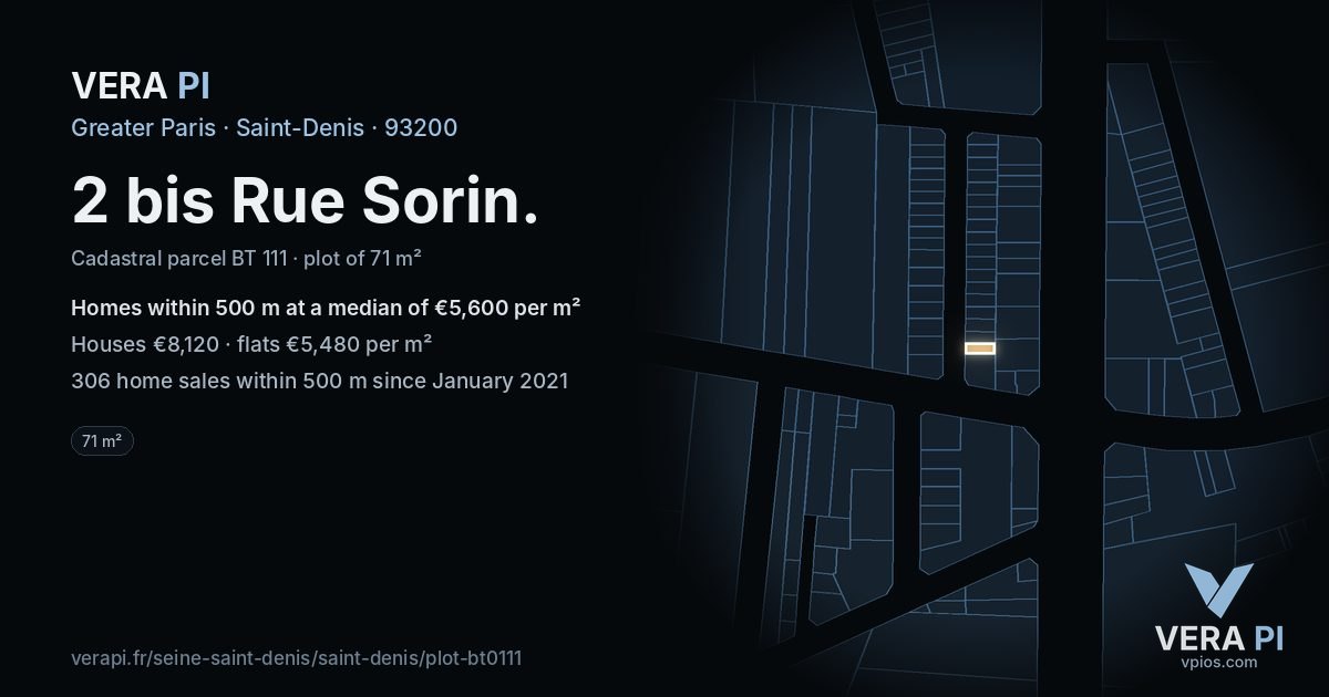 2 bis Rue Sorin, Saint-Denis at night – the plot lit, the parcels around coloured by the prices near them