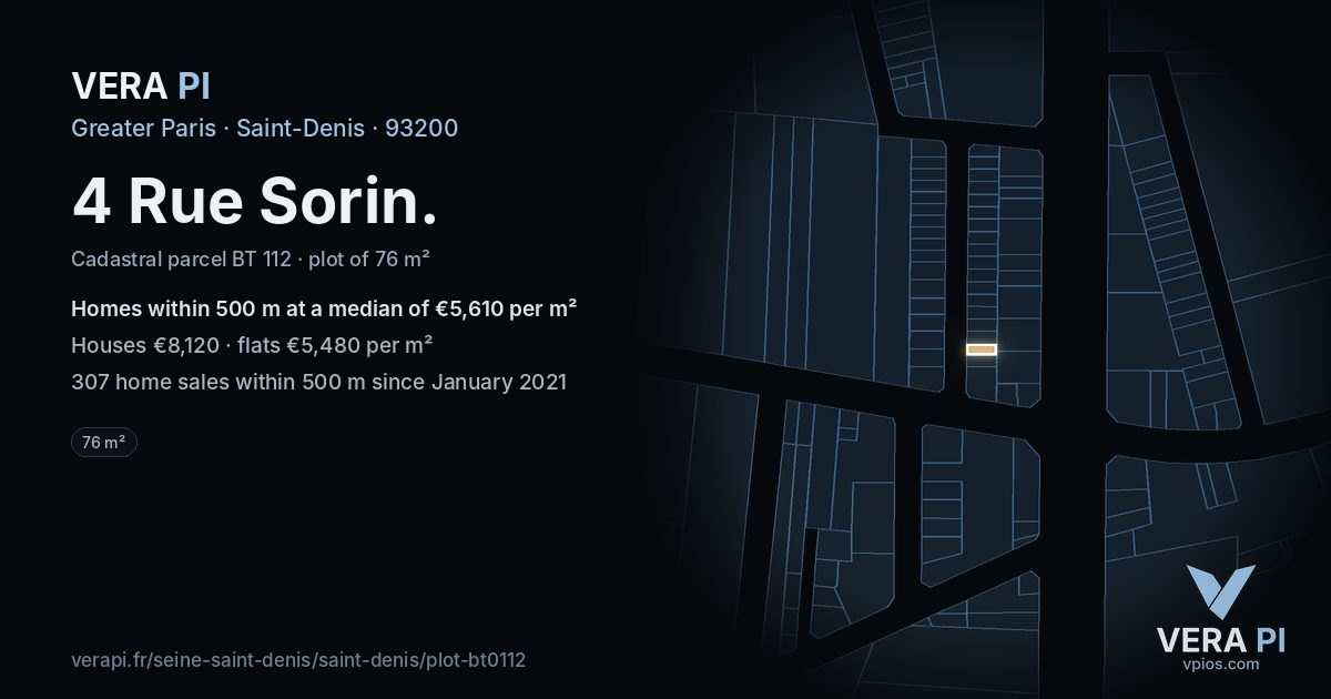 4 Rue Sorin, Saint-Denis at night – the plot lit, the parcels around coloured by the prices near them