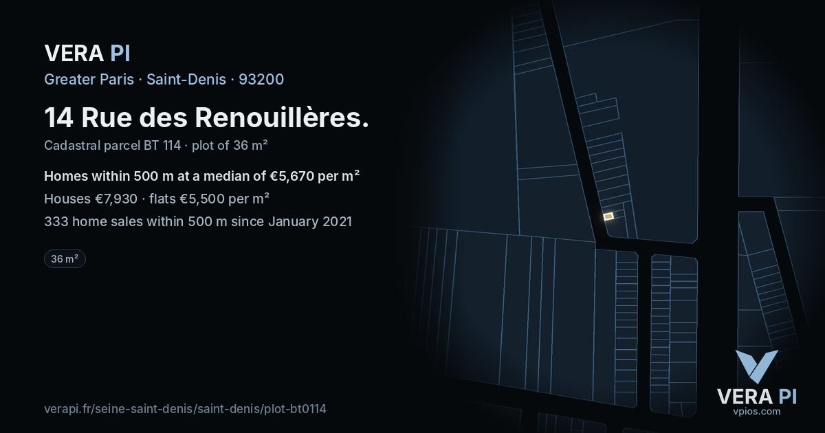 14 Rue des Renouillères, Saint-Denis at night – the plot lit, the parcels around coloured by the prices near them