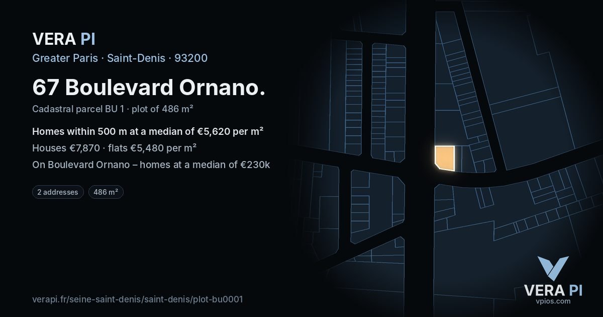 67 Boulevard Ornano, Saint-Denis at night – the plot lit, the parcels around coloured by the prices near them