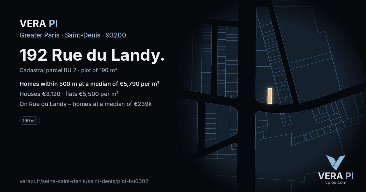 192 Rue du Landy, Saint-Denis at night – the plot lit, the parcels around coloured by the prices near them