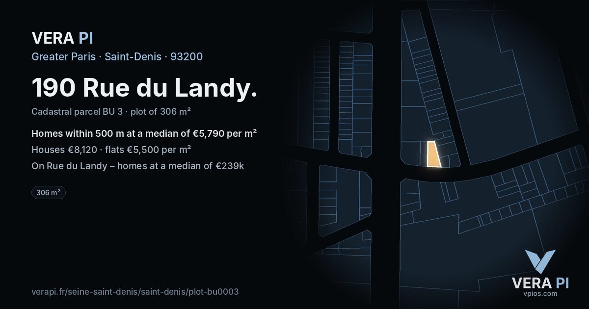 190 Rue du Landy, Saint-Denis at night – the plot lit, the parcels around coloured by the prices near them
