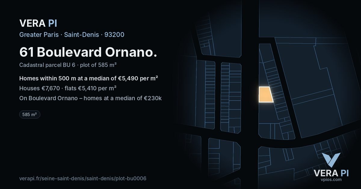 61 Boulevard Ornano, Saint-Denis at night – the plot lit, the parcels around coloured by the prices near them