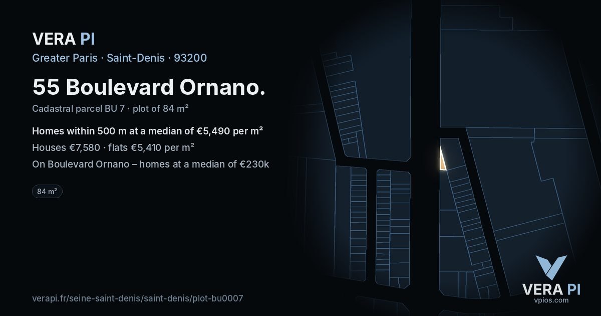 55 Boulevard Ornano, Saint-Denis at night – the plot lit, the parcels around coloured by the prices near them