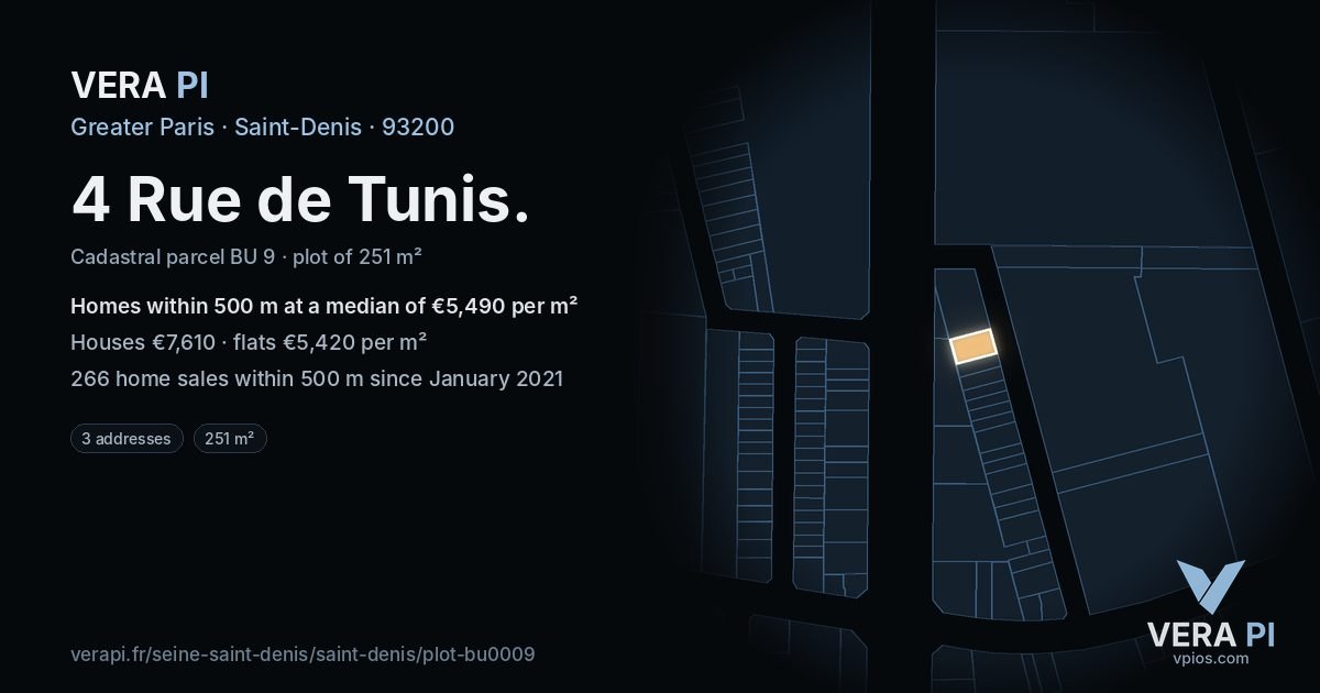 4 Rue de Tunis, Saint-Denis at night – the plot lit, the parcels around coloured by the prices near them