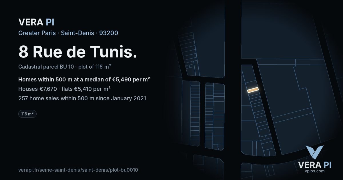 8 Rue de Tunis, Saint-Denis at night – the plot lit, the parcels around coloured by the prices near them