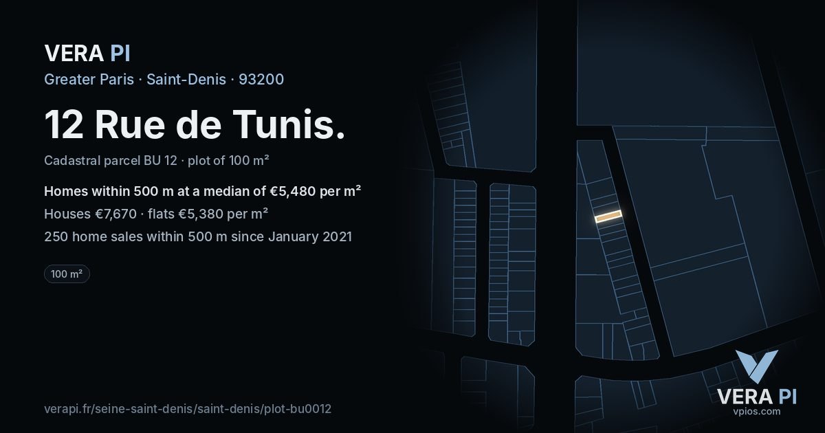 12 Rue de Tunis, Saint-Denis at night – the plot lit, the parcels around coloured by the prices near them