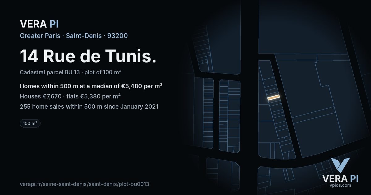 14 Rue de Tunis, Saint-Denis at night – the plot lit, the parcels around coloured by the prices near them