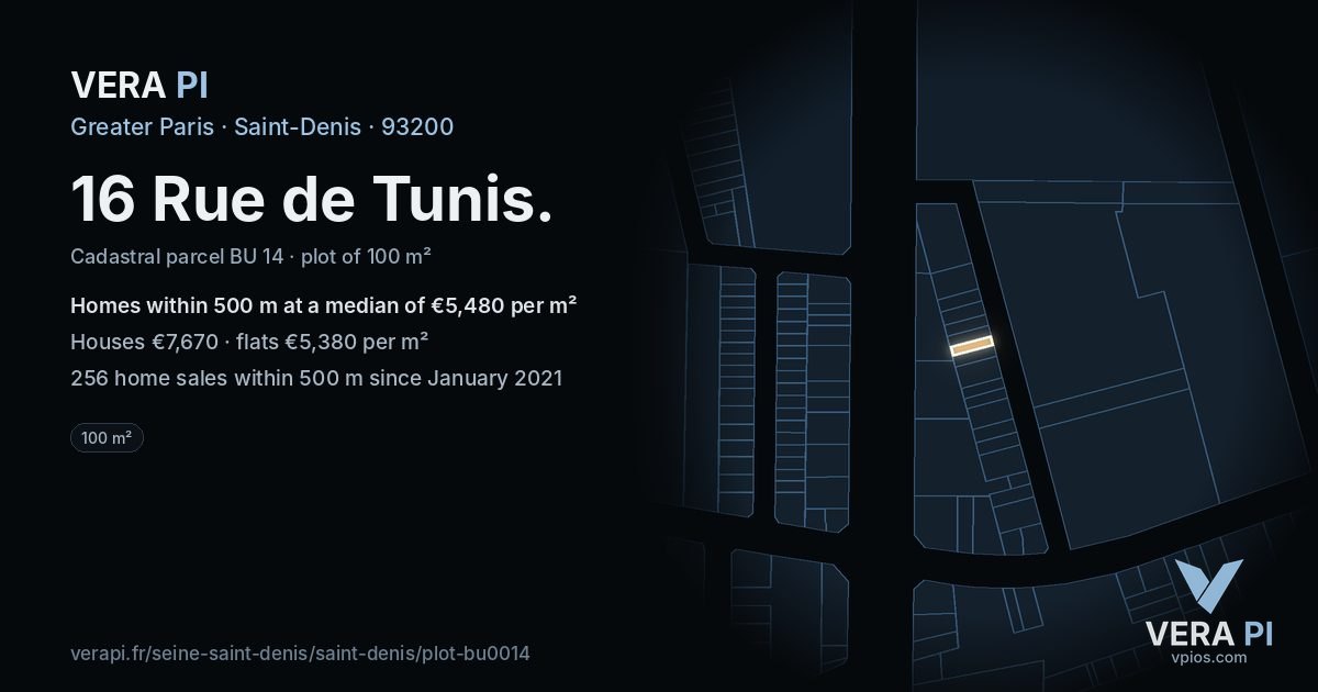 16 Rue de Tunis, Saint-Denis at night – the plot lit, the parcels around coloured by the prices near them
