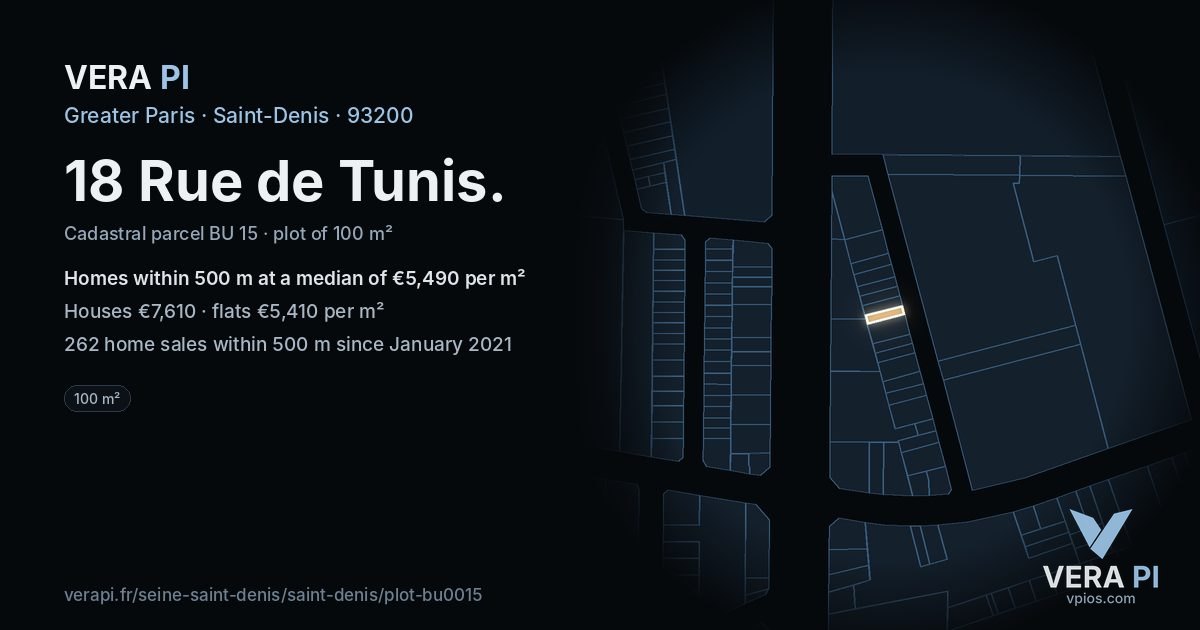 18 Rue de Tunis, Saint-Denis at night – the plot lit, the parcels around coloured by the prices near them