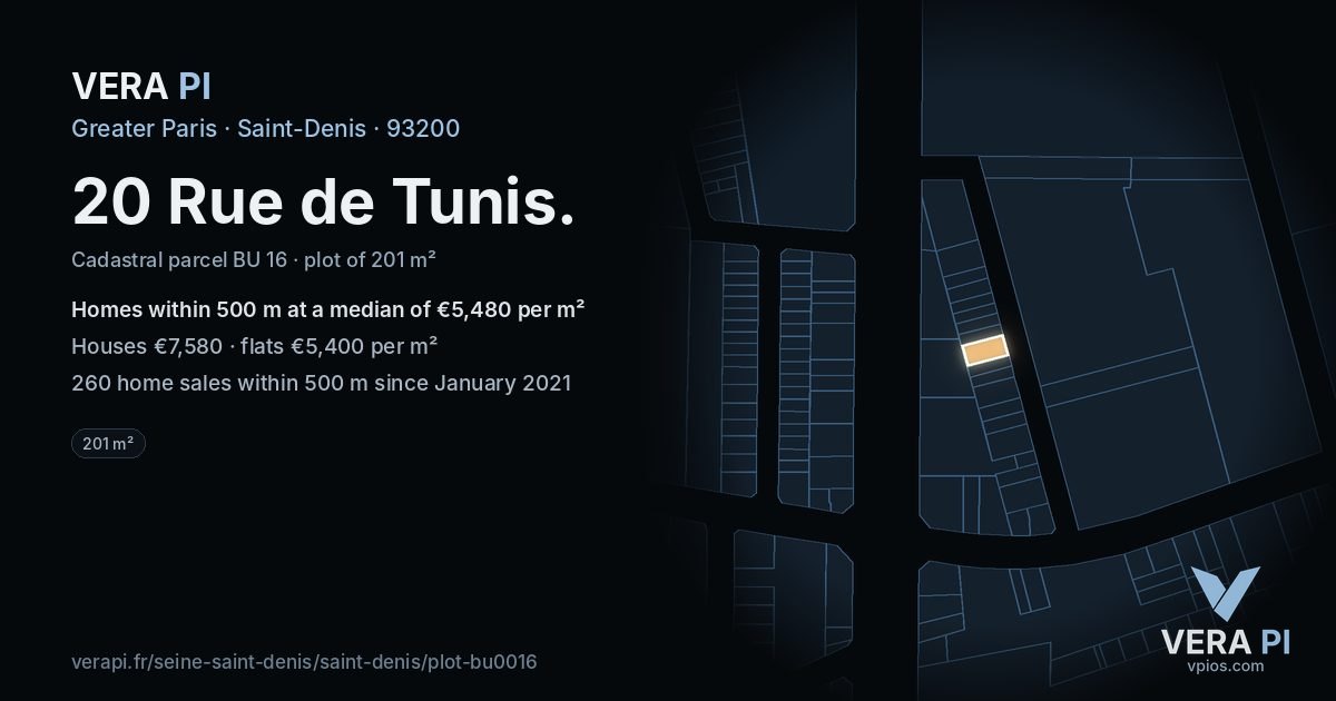 20 Rue de Tunis, Saint-Denis at night – the plot lit, the parcels around coloured by the prices near them