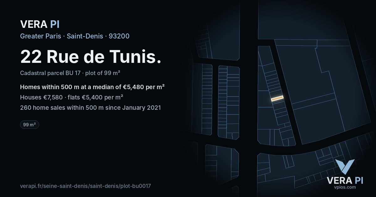 22 Rue de Tunis, Saint-Denis at night – the plot lit, the parcels around coloured by the prices near them