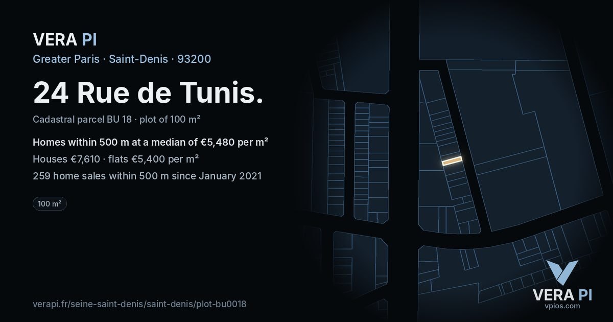 24 Rue de Tunis, Saint-Denis at night – the plot lit, the parcels around coloured by the prices near them
