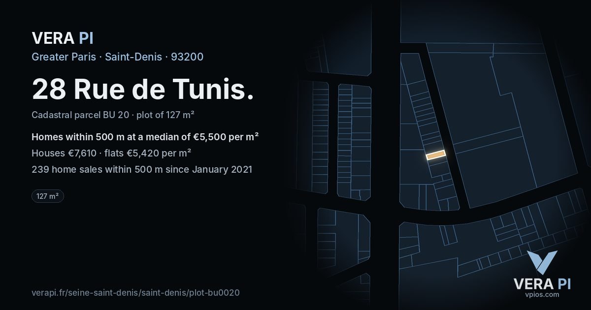 28 Rue de Tunis, Saint-Denis at night – the plot lit, the parcels around coloured by the prices near them