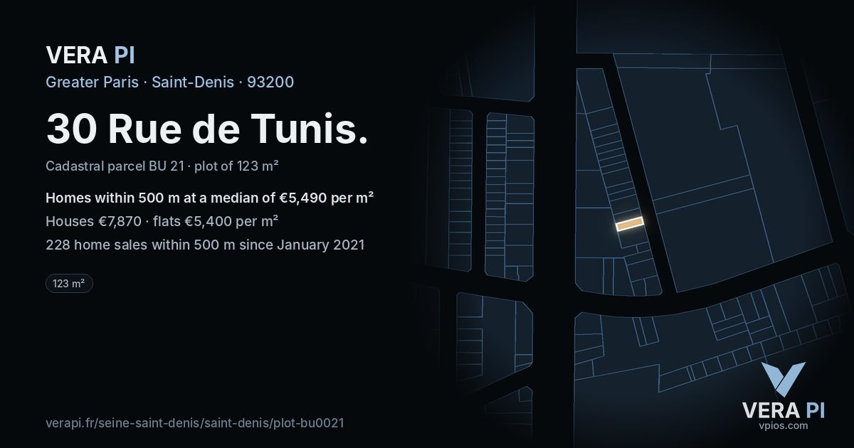 30 Rue de Tunis, Saint-Denis at night – the plot lit, the parcels around coloured by the prices near them