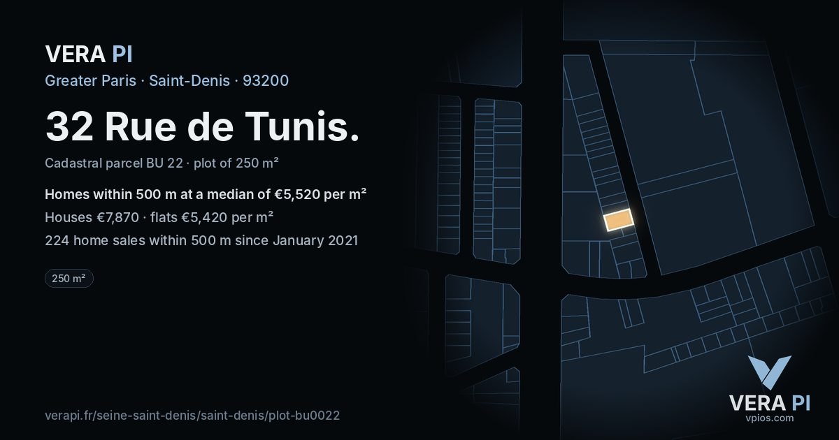 32 Rue de Tunis, Saint-Denis at night – the plot lit, the parcels around coloured by the prices near them