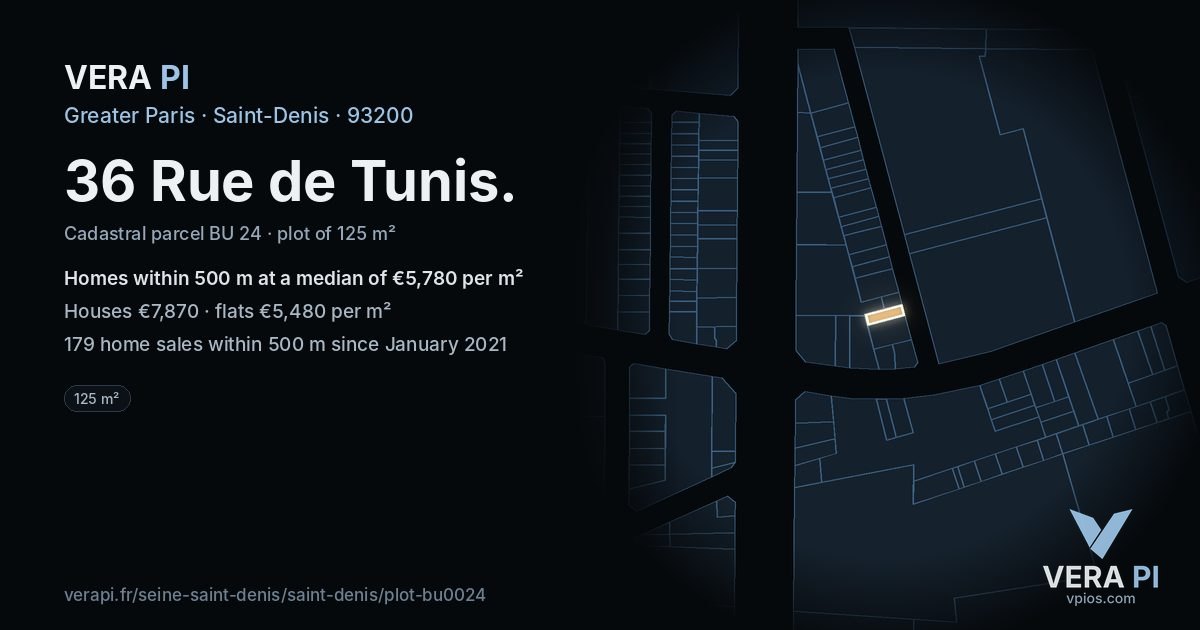 36 Rue de Tunis, Saint-Denis at night – the plot lit, the parcels around coloured by the prices near them