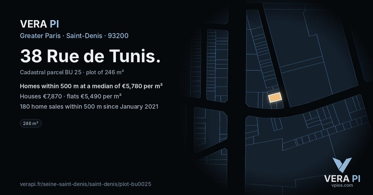 38 Rue de Tunis, Saint-Denis at night – the plot lit, the parcels around coloured by the prices near them