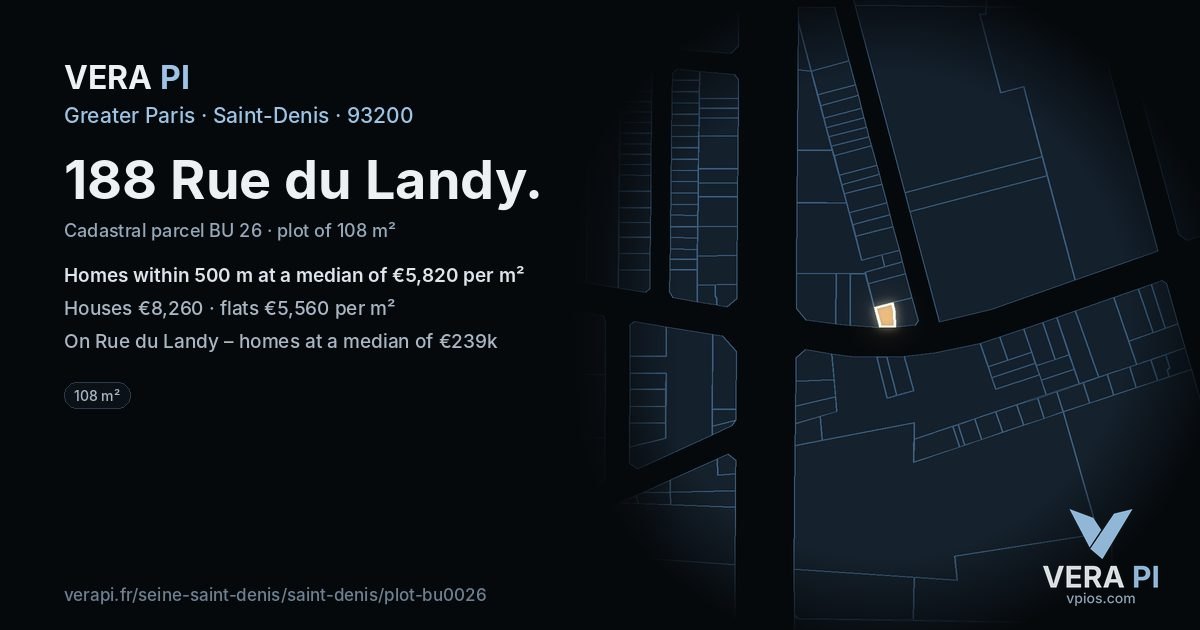 188 Rue du Landy, Saint-Denis at night – the plot lit, the parcels around coloured by the prices near them