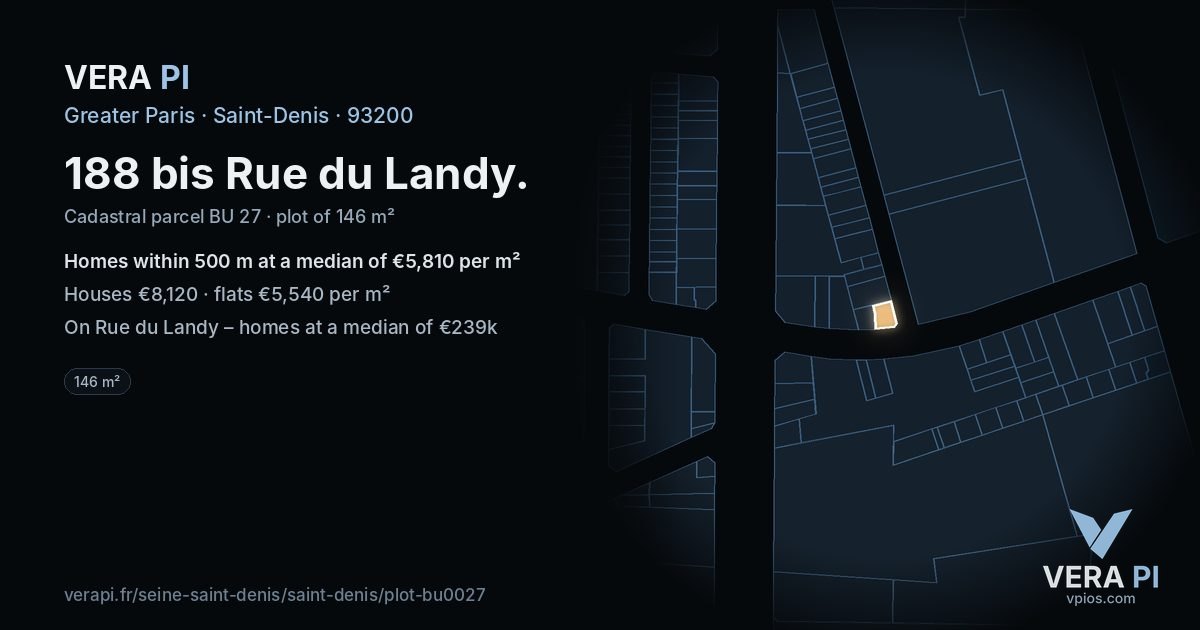 188 bis Rue du Landy, Saint-Denis at night – the plot lit, the parcels around coloured by the prices near them