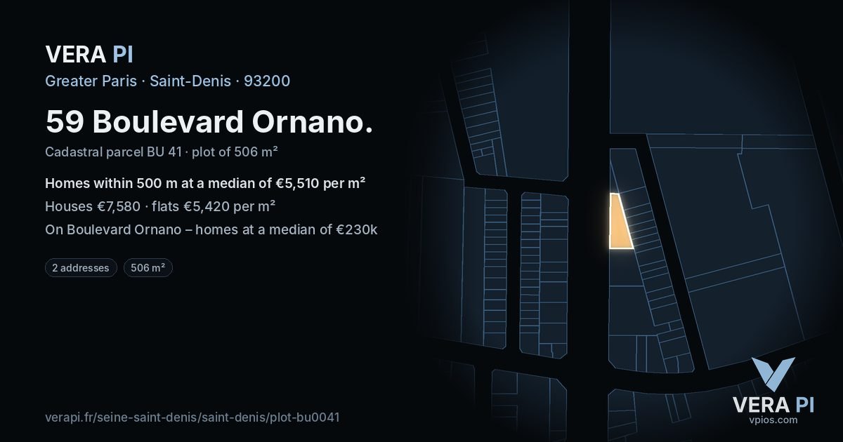 59 Boulevard Ornano, Saint-Denis at night – the plot lit, the parcels around coloured by the prices near them