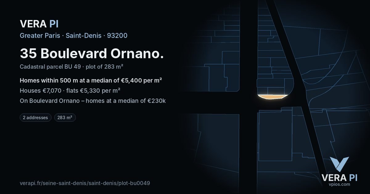 35 Boulevard Ornano, Saint-Denis at night – the plot lit, the parcels around coloured by the prices near them