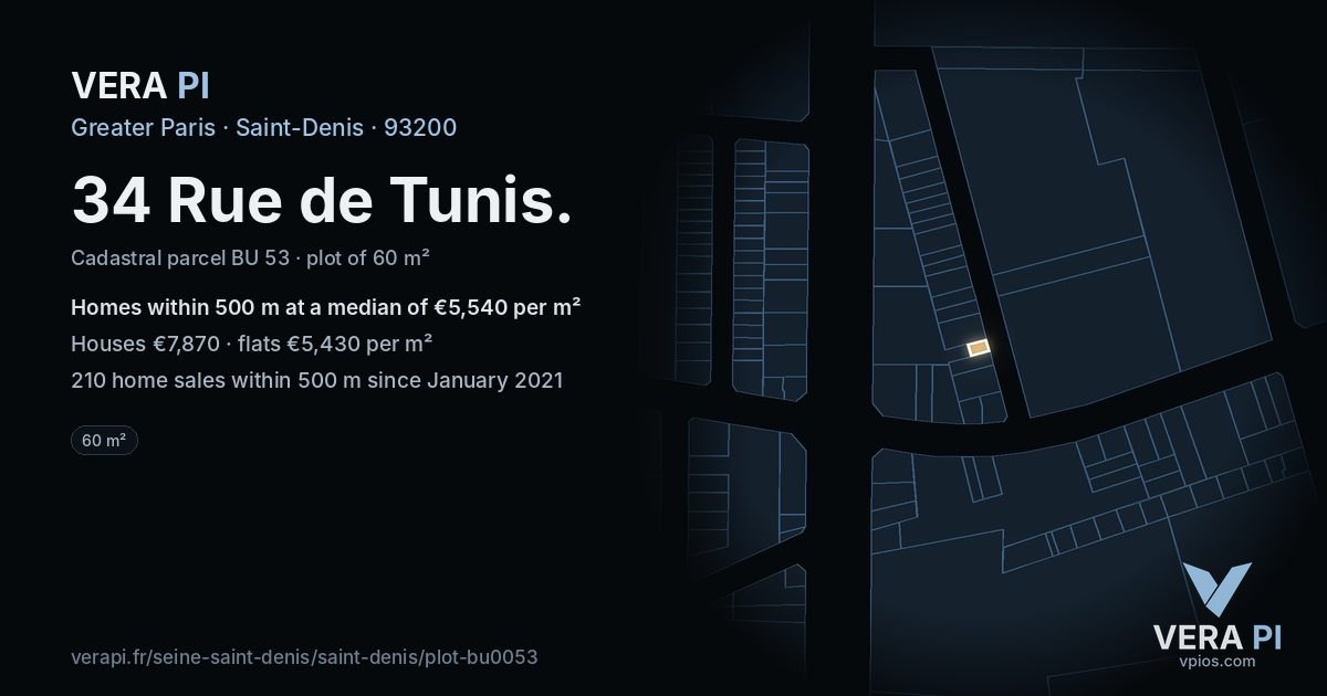 34 Rue de Tunis, Saint-Denis at night – the plot lit, the parcels around coloured by the prices near them