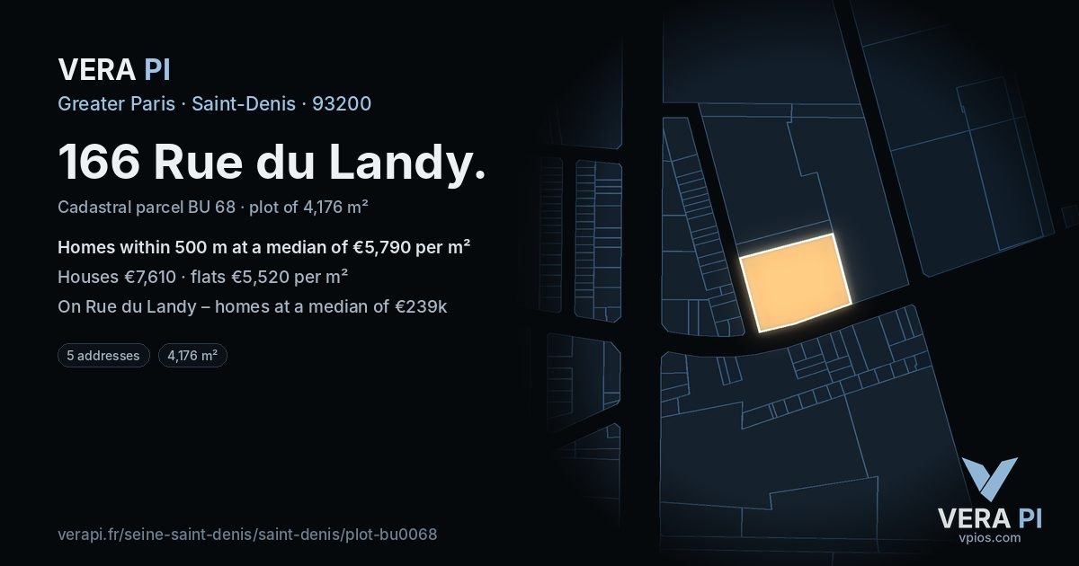 166 Rue du Landy, Saint-Denis at night – the plot lit, the parcels around coloured by the prices near them