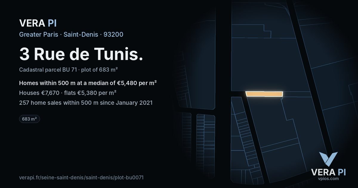 3 Rue de Tunis, Saint-Denis at night – the plot lit, the parcels around coloured by the prices near them