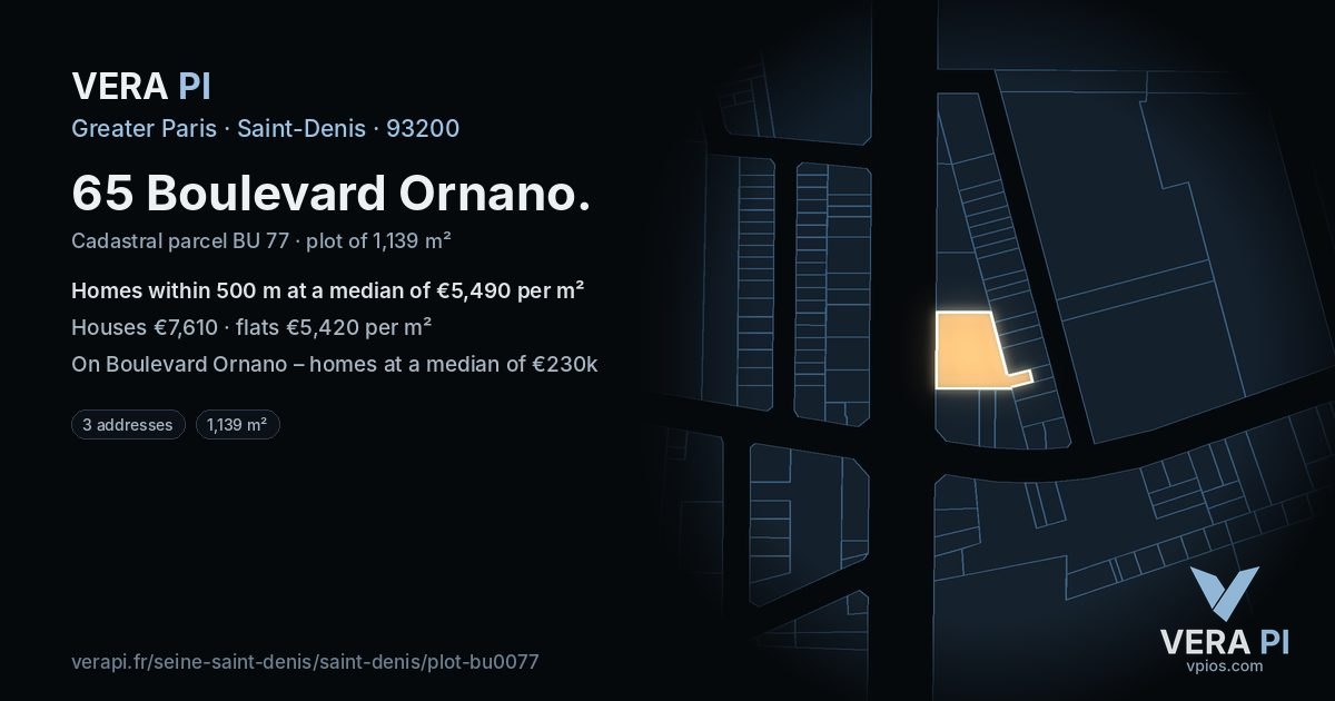 65 Boulevard Ornano, Saint-Denis at night – the plot lit, the parcels around coloured by the prices near them