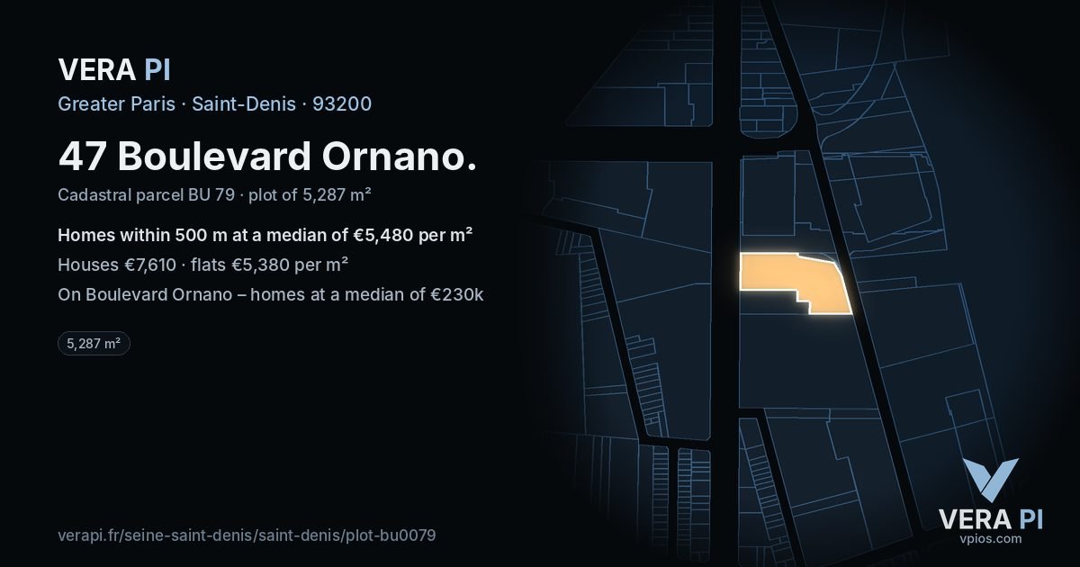 47 Boulevard Ornano, Saint-Denis at night – the plot lit, the parcels around coloured by the prices near them