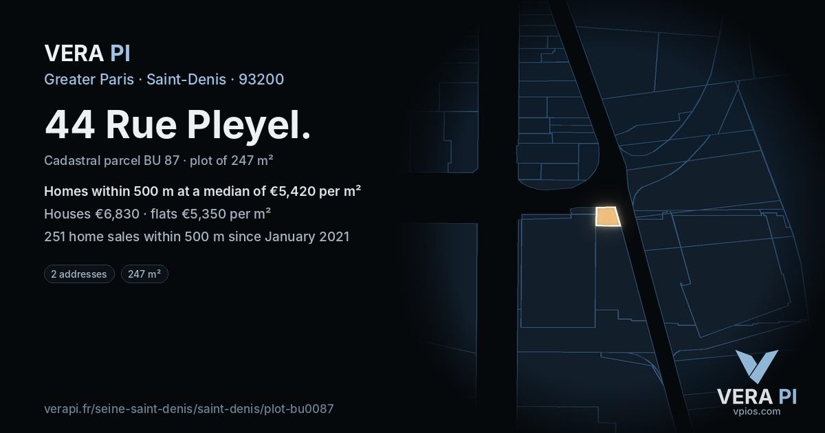 44 Rue Pleyel, Saint-Denis at night – the plot lit, the parcels around coloured by the prices near them