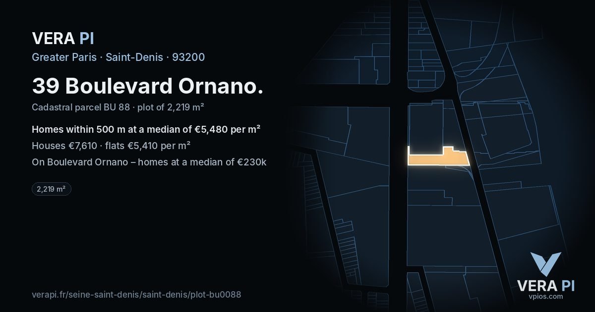 39 Boulevard Ornano, Saint-Denis at night – the plot lit, the parcels around coloured by the prices near them