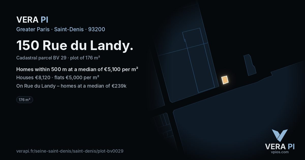 150 Rue du Landy, Saint-Denis at night – the plot lit, the parcels around coloured by the prices near them