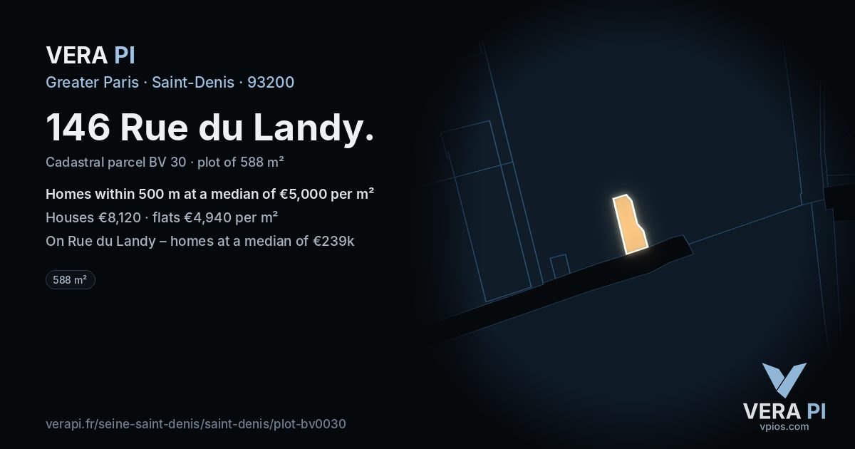 146 Rue du Landy, Saint-Denis at night – the plot lit, the parcels around coloured by the prices near them