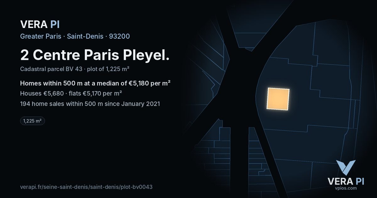 2 Centre Paris Pleyel, Saint-Denis at night – the plot lit, the parcels around coloured by the prices near them