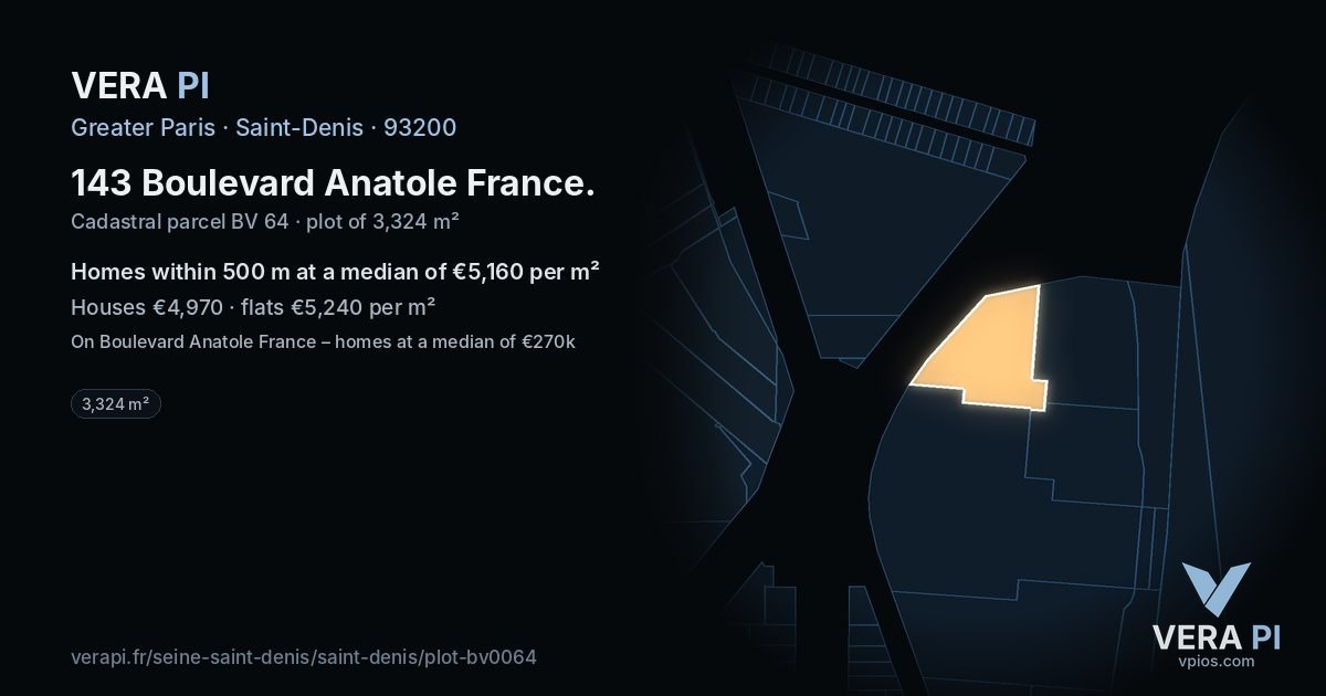 143 Boulevard Anatole France, Saint-Denis at night – the plot lit, the parcels around coloured by the prices near them