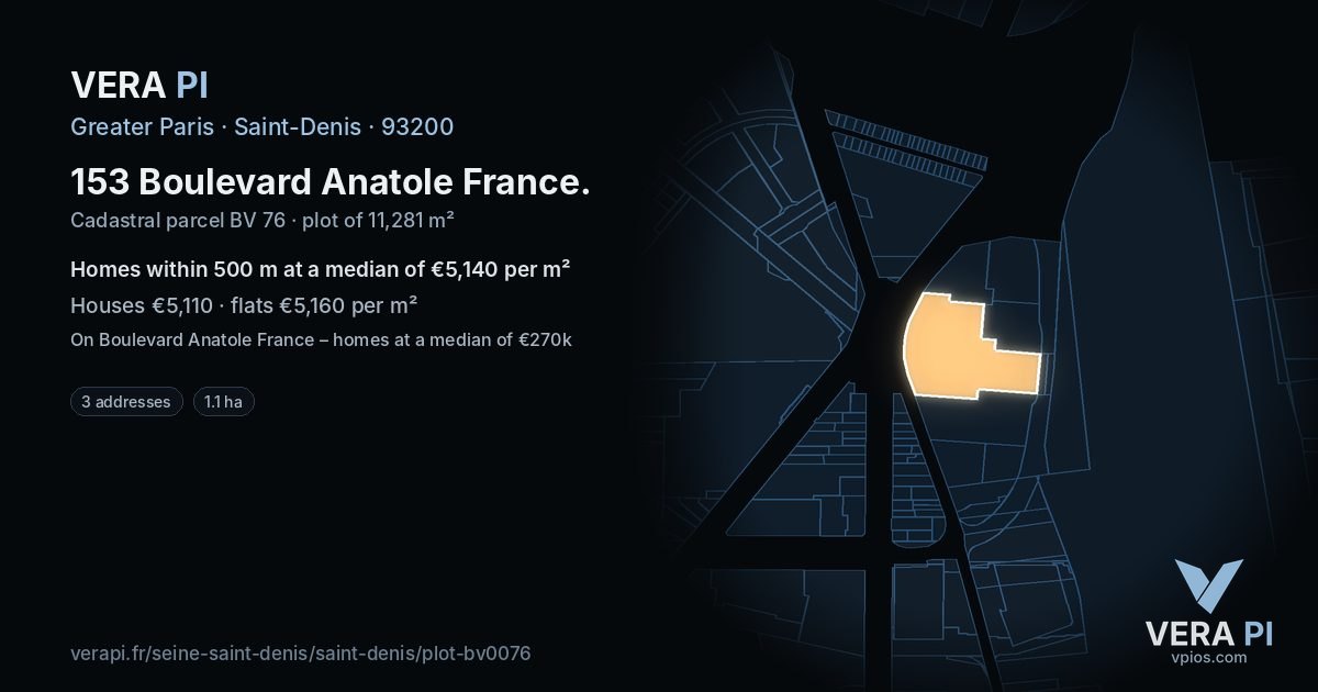153 Boulevard Anatole France, Saint-Denis at night – the plot lit, the parcels around coloured by the prices near them